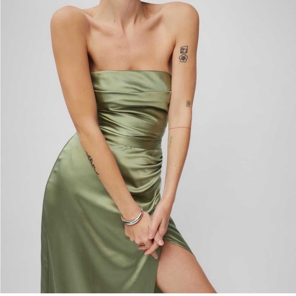 Reformation Strapless Satin Dress in Olive